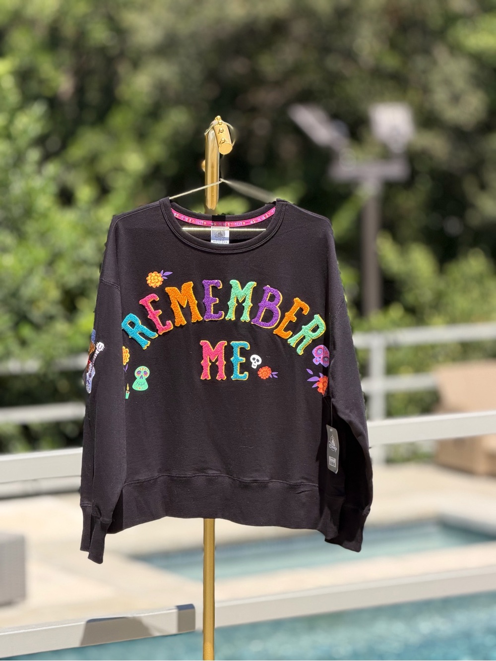Disney Black Sweatshirt with Multicolor Floral & Skull Embroidery